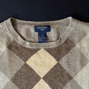 Dockers Mens Crewneck Argyle Sweater Tan Brown Cream Cotton Knit Size Large